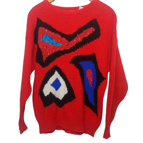 Vintage 80s JR Bentley Womens L Sweater Pullover Acrylic Red Retro Abstract Art - Picture 1 of 8